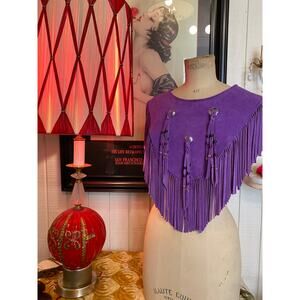 vintage 1980s purple suede shawl fringe collar beaded concho 80s western top